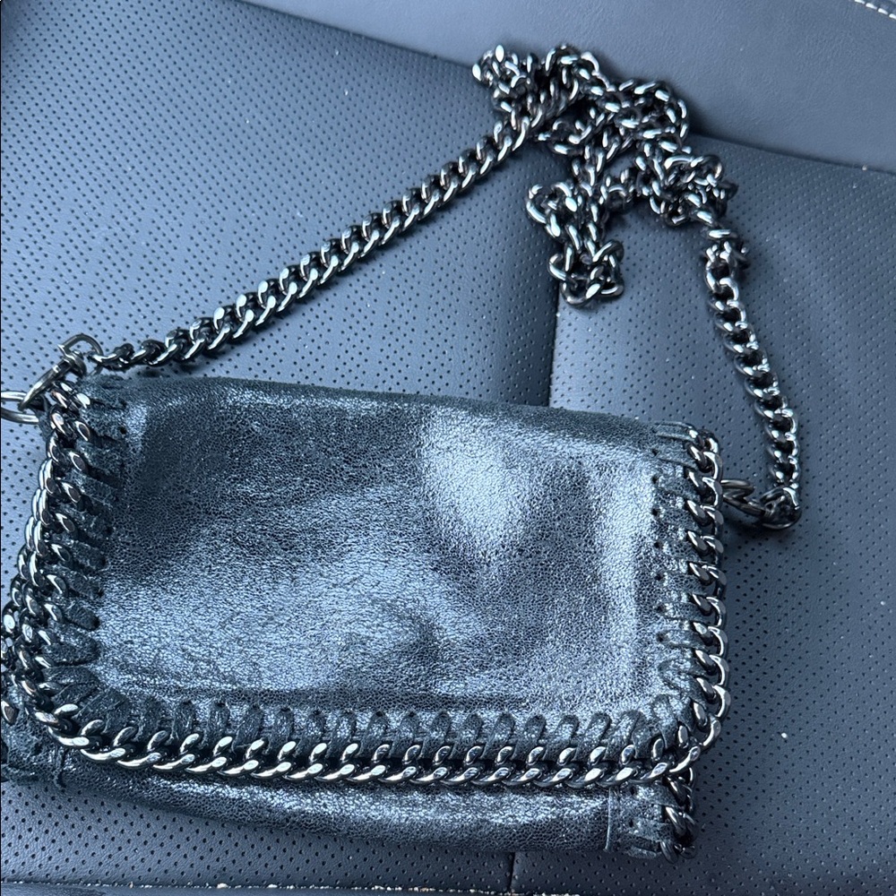 Borse in Pelle Black Leather Chain Trim Detail Handle Purse Handbag Shoulder Bag